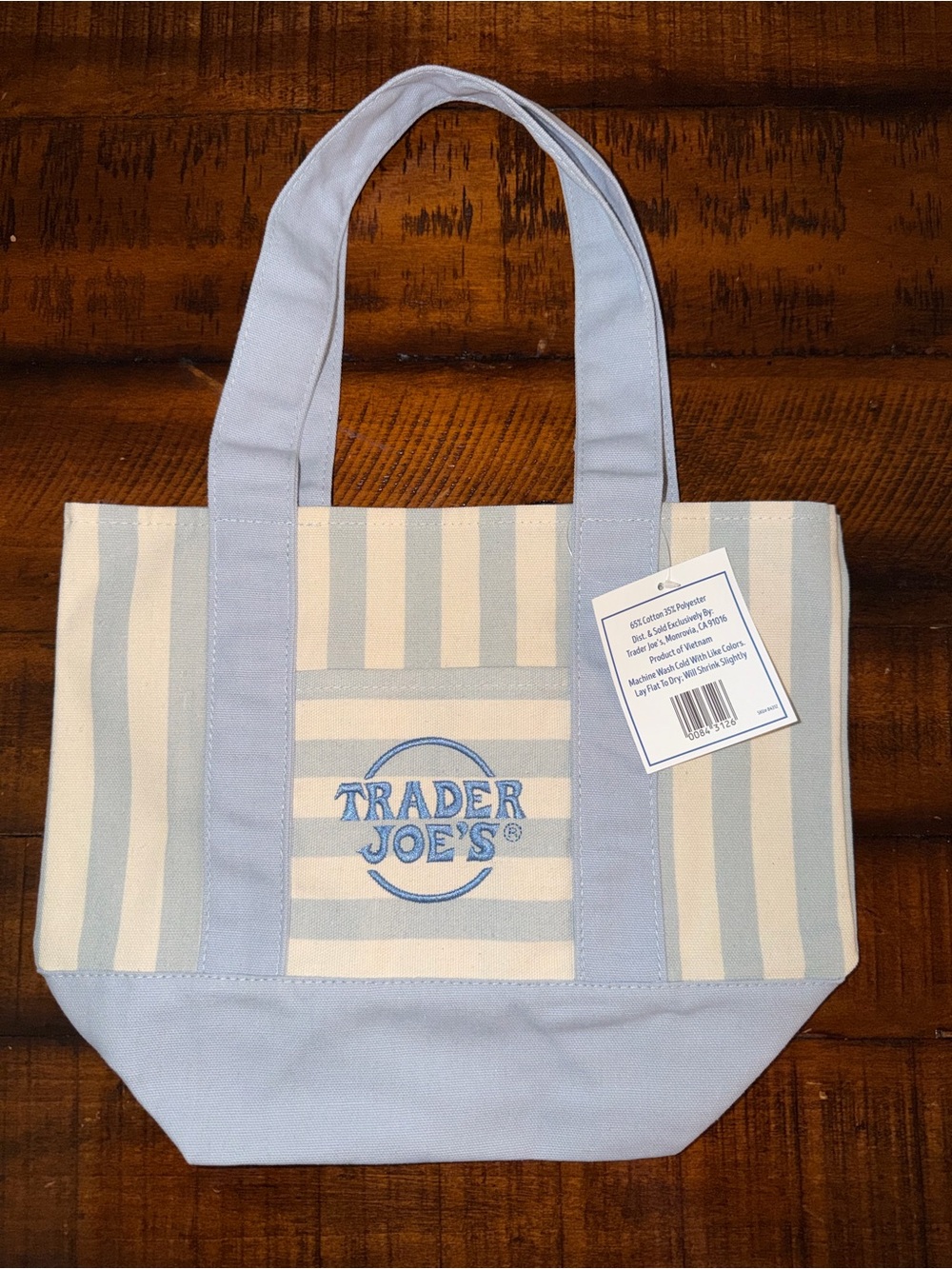 MINI NWT Trader Joe’s Summer Striped Mini Canvas Tote Bag - Cream & Pale Blue - Picture 2 of 5